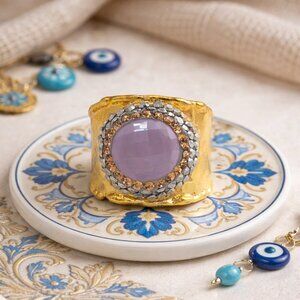 Boho Luxe Handmade Turkish Gold-Plated Wide Ring With Pink Cat’s Eye Hematite